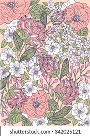 vector floral illustration of hand drawn blooms and berries