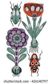 vector floral illustration of hand drawn plants and bugs