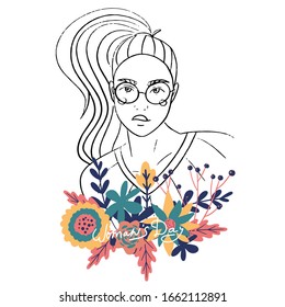 Vector floral illustration with happy woman and flowers. Vector picture can be used for card designs, wedding invitation, web page, surface textures.Happy women's day. 8 march