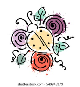 Vector floral illustration with insect Ladybug with flowers leaves, decorative elements isolated on the white background Hand drawn contour lines and strokes Doodle style, graphic vector illustration.