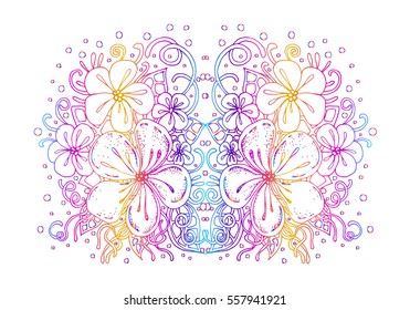
vector floral illustration isolated, cherry blossoms, linear tattoo cover diary, textile printing, T-shirt, ornamental plant, decorative background, card. coloring book