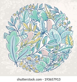 vector floral illustration with leaves and birds