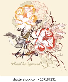 vector floral  illustration of a little bird and blooming roses