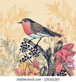 vector floral illustration of a little bird and blooming flowers