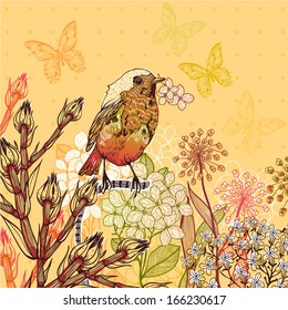 Vector floral illustration of a little bird and blooming summer flowers