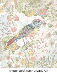 vector floral illustration of a little bird and blooming flowers