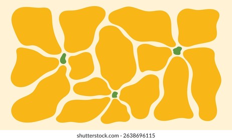 Vector floral illustration in naive linocut and cut-out style, with wavy groovy lines, sun, and decorative flowers — horizontal summer background perfect for banners and modern botanical art prints