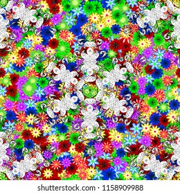 Vector Floral Illustration in nice textile. Elegance seamless pattern with ethnic flowers on white, green and blue colors.