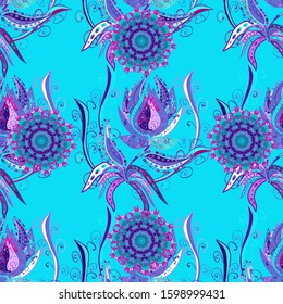 Vector Floral Illustration in nice textile. Elegance seamless pattern with ethnic flowers on violet, blue and purple colors.
