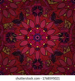 Vector Floral Illustration in nice textile. Elegance seamless pattern with ethnic flowers on black, red and pink colors.