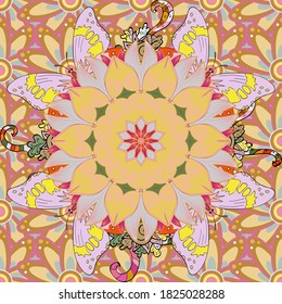 Ilustración vectorial floral en buen tejido. Elegancia sin fisuras con flores étnicas en tonos beige, amarillo y rosa.
