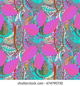 Vector Floral Illustration in nice textile. Elegance seamless pattern with ethnic leaves on colorful background.