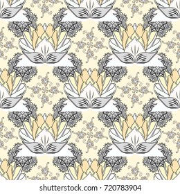 Vector Floral Illustration in nice textile. Elegance seamless pattern with ethnic flowers on neutral, beige and white background.