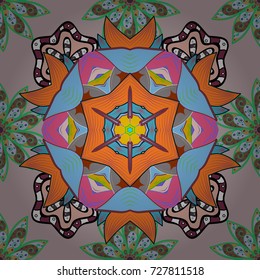 Vector Floral Illustration in nice textile. Elegance seamless pattern with ethnic flowers on neutral, blue and orange colors.