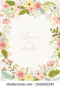 Vector floral illustration on white background - wreath / frame with pink, green, yellow, blue, white, vivid flowers, green leaves. Save the date.