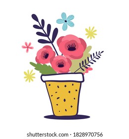 Vector floral illustration of plant pot with red poppy flowers on white background