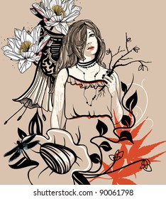 vector floral illustration of a pretty young girl and fantasy flowers and plants