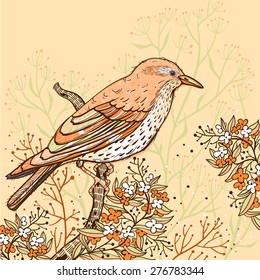 vector floral illustration of a red bird and blooming colored flowers