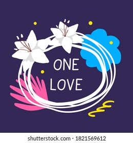 Ilustración vectorial floral de marco redondo con texto un amor y flores sobre fondo azul