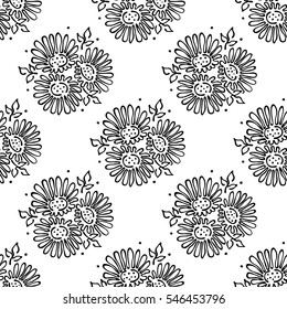 Vector floral illustration. Seamless pattern bouquet with flowers, leaves, decorative elements on the white background Hand drawn contour lines and strokes. Doodle style, graphic vector illustration..