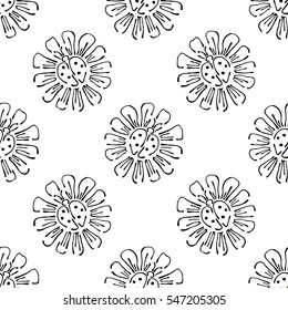 Vector floral illustration Seamless pattern ladybug on the flower, dandelion with insect on the white background Hand drawn contour lines and strokes Doodle style, graphic vector illustration.
