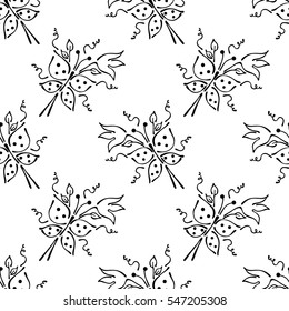 Vector floral illustration, seamless pattern with butterfly with flowers, leaves, decorative elements on the white background Hand drawn contour lines and strokes Doodle style, graphic illustration.