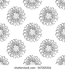 Vector floral illustration. Seamless pattern with flowers on the white background. Hand drawn contour lines and strokes. Doodle style, graphic vector illustration.
