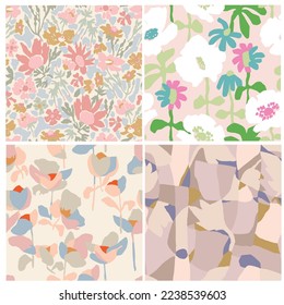 Vector floral illustration seamless repeat pattern 4 designs set