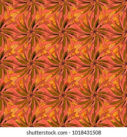 Vector floral illustration and floral seamless texture. Spring flowers seamless pattern. Small floral pattern in orange, yellow and brown colors. Flower pattern for printing or fabric.