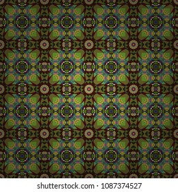 Vector floral illustration and floral seamless texture. Small floral pattern in brown, green and orange colors. Flower pattern for printing or fabric. Spring flowers seamless pattern.