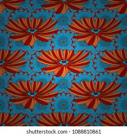 Vector floral illustration and floral seamless texture. Small floral pattern in red, blue and orange colors. Flower pattern for printing or fabric. Spring flowers seamless pattern.