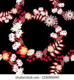 Vector floral illustration and floral seamless texture. Flower pattern for printing or fabric. Spring flowers seamless pattern. Small floral pattern in red, black and beige colors.