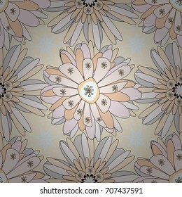 Vector floral illustration and floral seamless texture. Spring flowers seamless pattern. Small floral pattern in yellow, beige and brown colors. Flower pattern for printing or fabric.