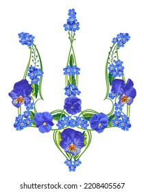 Vector floral illustration of symbol, emblem of Ukrainian statehood Trident. Realistic plants alaid out in form of Trident. Concept of support for Ukraine. 
