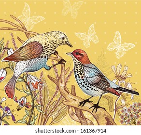 vector floral illustration of two forest birds and blooming flowers