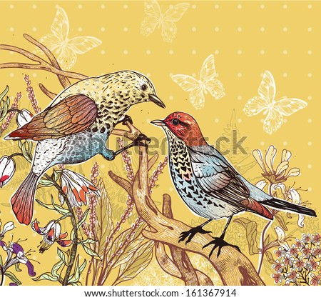 vector floral illustration of two forest birds and blooming flowers
