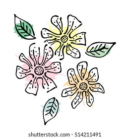 Vector floral illustration.Branch with flowers with leaves isolated on the white background. Hand drawn contour lines and strokes with watercolor splash, stain, spot. Graphic vector illustration