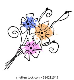 Vector floral illustration.Branch with flowers with leaves isolated on the white background. Hand drawn contour lines and strokes with watercolor splash, stain, spot. Graphic vector illustration