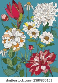 Vector floral interior poster of white daisies, chamomiles and red chrysanthemums. Hand painted floral illustration isolated on blue background. Bouquet for design, print, fabric or background.