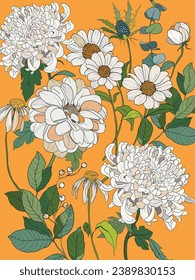 Vector floral interior poster of white daisies and chrysanthemums. Hand painted floral illustration isolated on orange background. Bouquet for design, print, fabric or background.