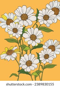 Vector floral interior poster of white daisies. Hand painted floral illustration isolated on yellow background. Bouquet for design, print, fabric or background.