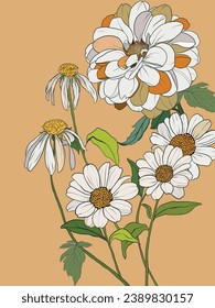 Vector floral interior poster of white daisies, chamomiles and chrysanthemums. Hand painted floral illustration isolated on beige background. Bouquet for design, print, fabric or background.