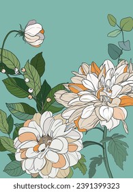 Vector floral interior poster of white and beige chrysanthemums. Hand painted floral illustration isolated on blue background. Card of holidays bouquet for design, print, fabric or background.