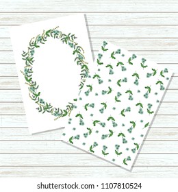 Vector floral invitation or banner in cartoon style. Mock up on wood boards. Vector wreath and pattern of garden flowers and herbs on wooden background. Cute summer or spring frame template for weddin