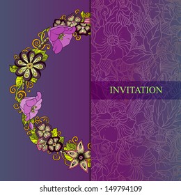 Vector floral invitation card. Invitation hand drawn retro flowers and leaves in circle. Layered vector