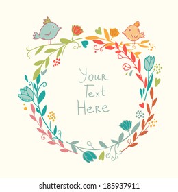 Vector floral invitation frame with abstract doodle flowers and birds in vintage style with space for text