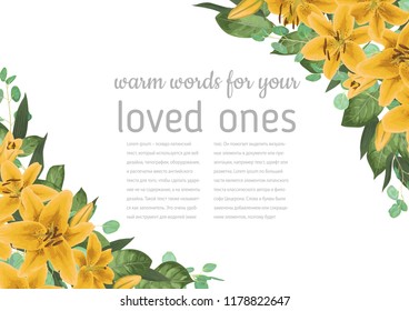 Vector floral invitation, invite model. Watercolor style herbs, eucalyptus, yellow delicate lilly bouquets, botanical green. Elegant beauty cute greeting, wedding invite, postcard template
