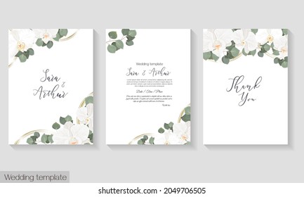 Vector floral invitation template. White orchids, green leaves, eucalyptus, round golden shapes.