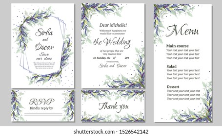 Vector floral invitation for wedding invitation, rsvp card, thanks, menu. Abstract frame with flowers of lavender. All elements are isolated.