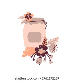 Vector floral jam jar illustration for food blog. Hand drawn cute design element. For restaurant, cafe menu or banner, poster.